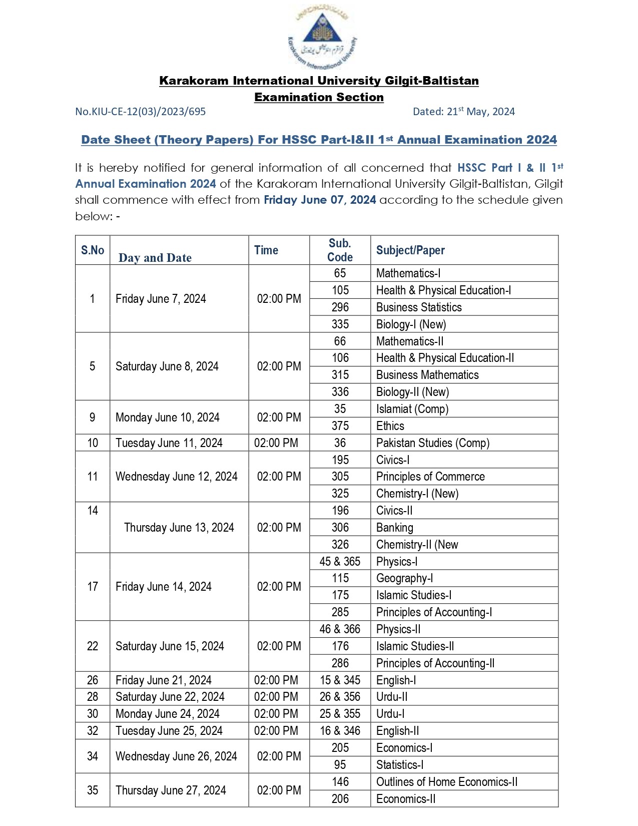 Date sheet for HSSC Part-I & II First Annual Examination 2024 Page 1