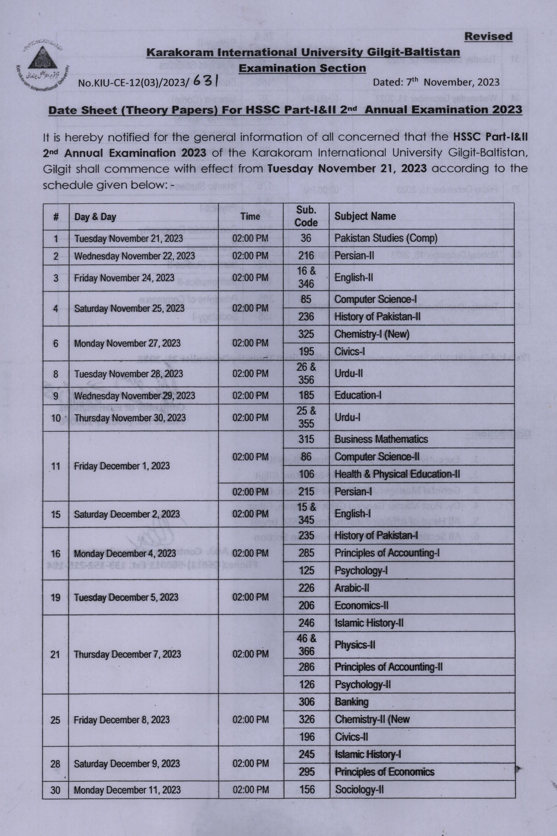 Date sheet for HSSC Part-I & II First Annual Examination 2023