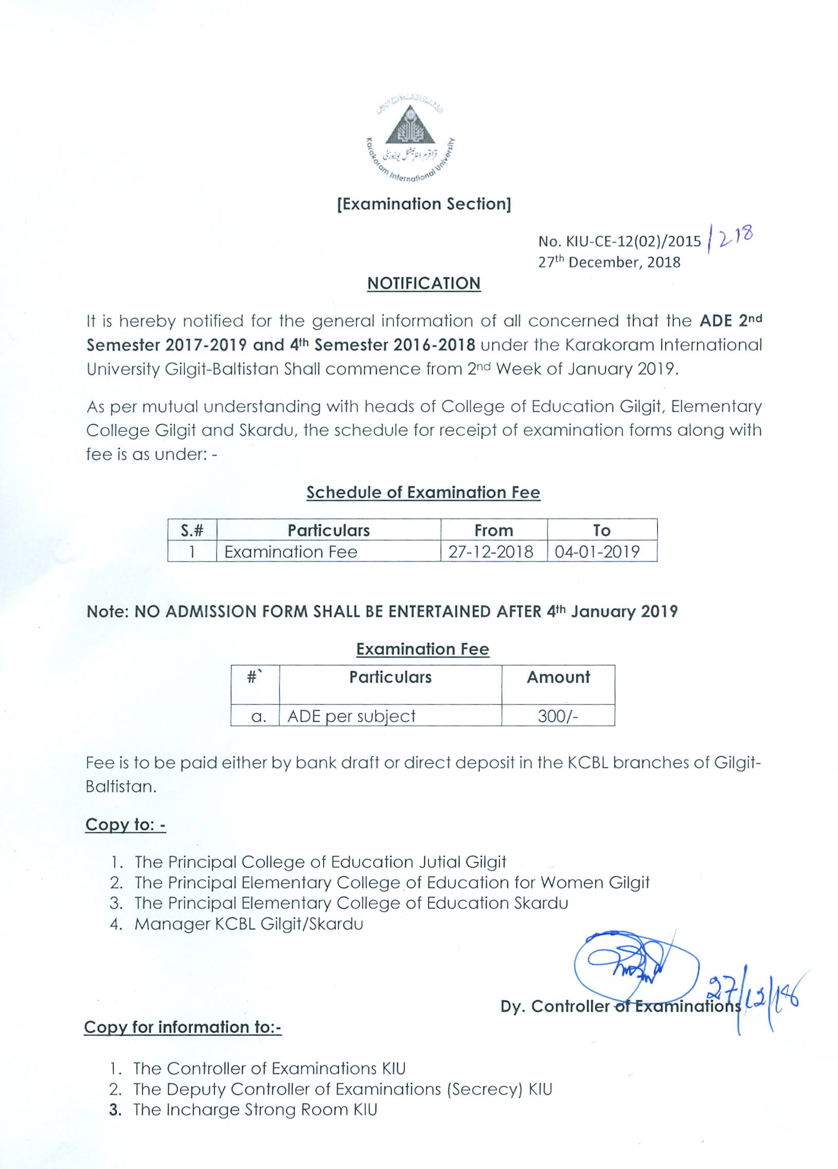 ADE SEMESTER 2nd and 4th fee notification