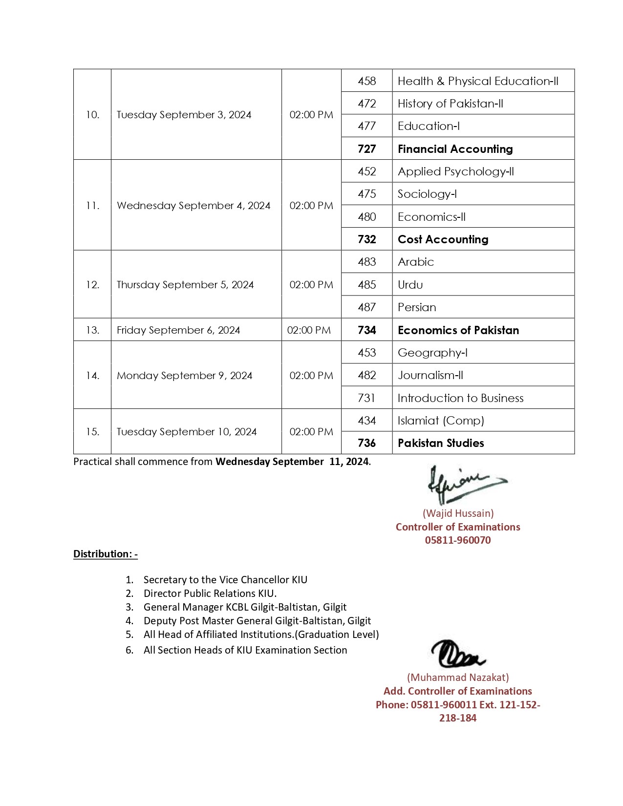 Date Sheet (Theory Papers) For Associate Degree (ADA/ADS/ADC) Annual Examination 2024 Page 2