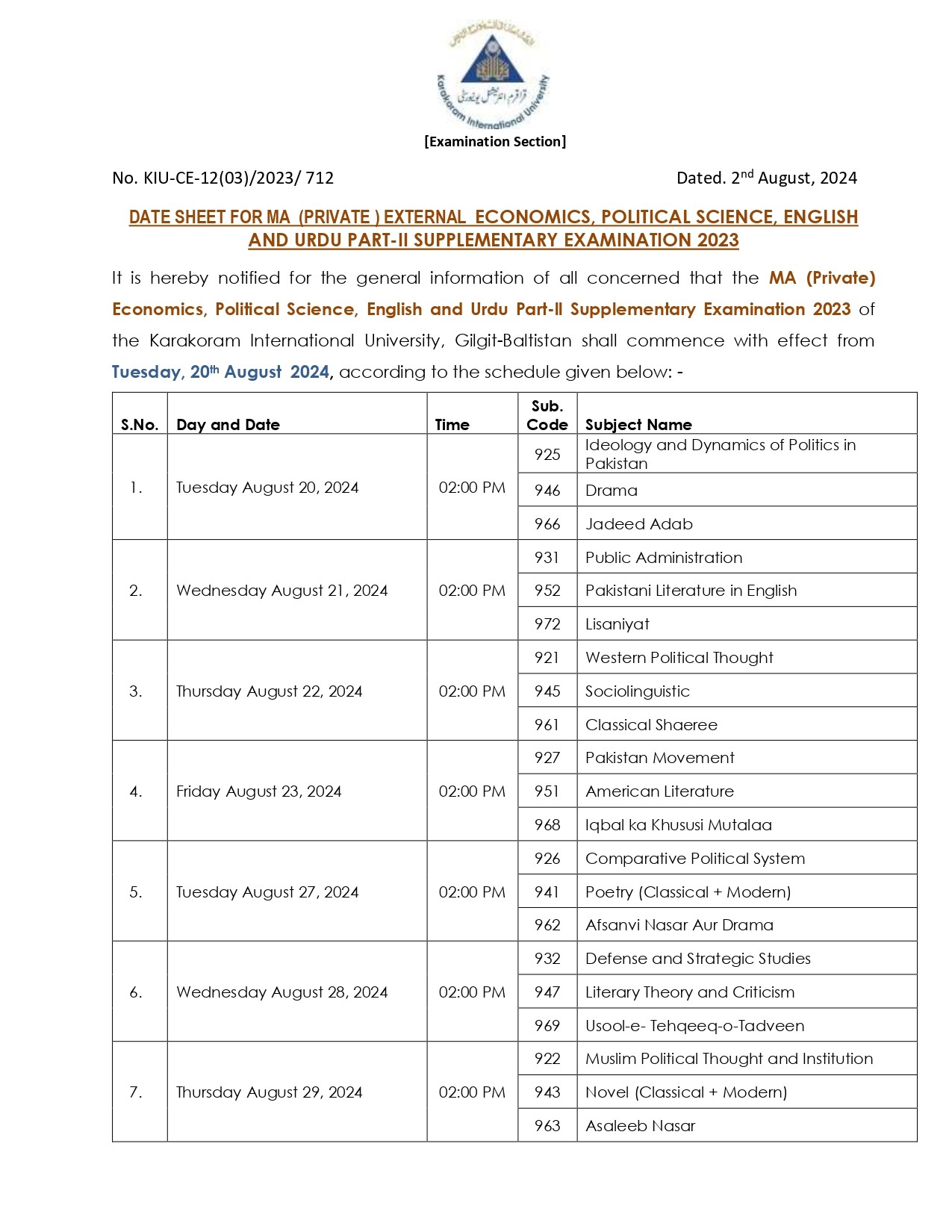 Date Sheet for MA (Private) External (Eng/Urd/Eco/Pol.Sc.) Supplementary Examination 2023 Page 1