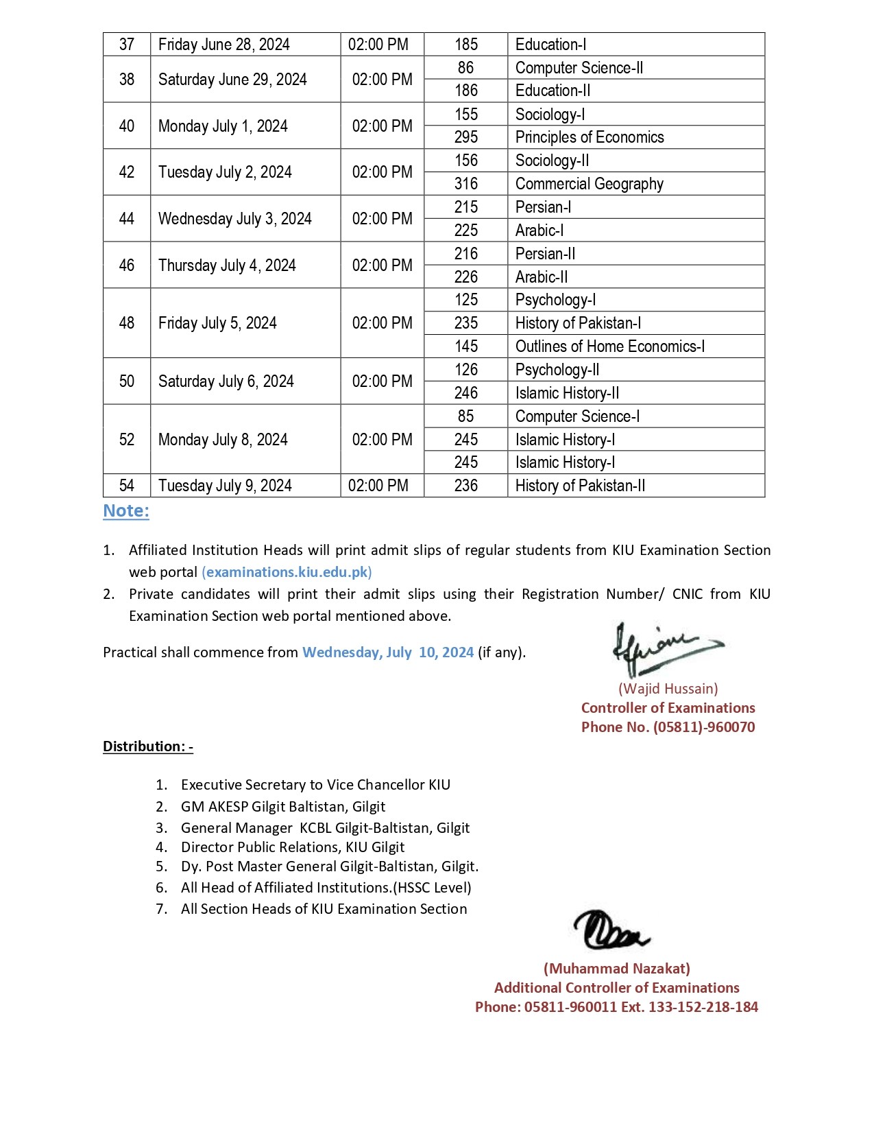 Date sheet for HSSC Part-I & II First Annual Examination 2024 Page 2