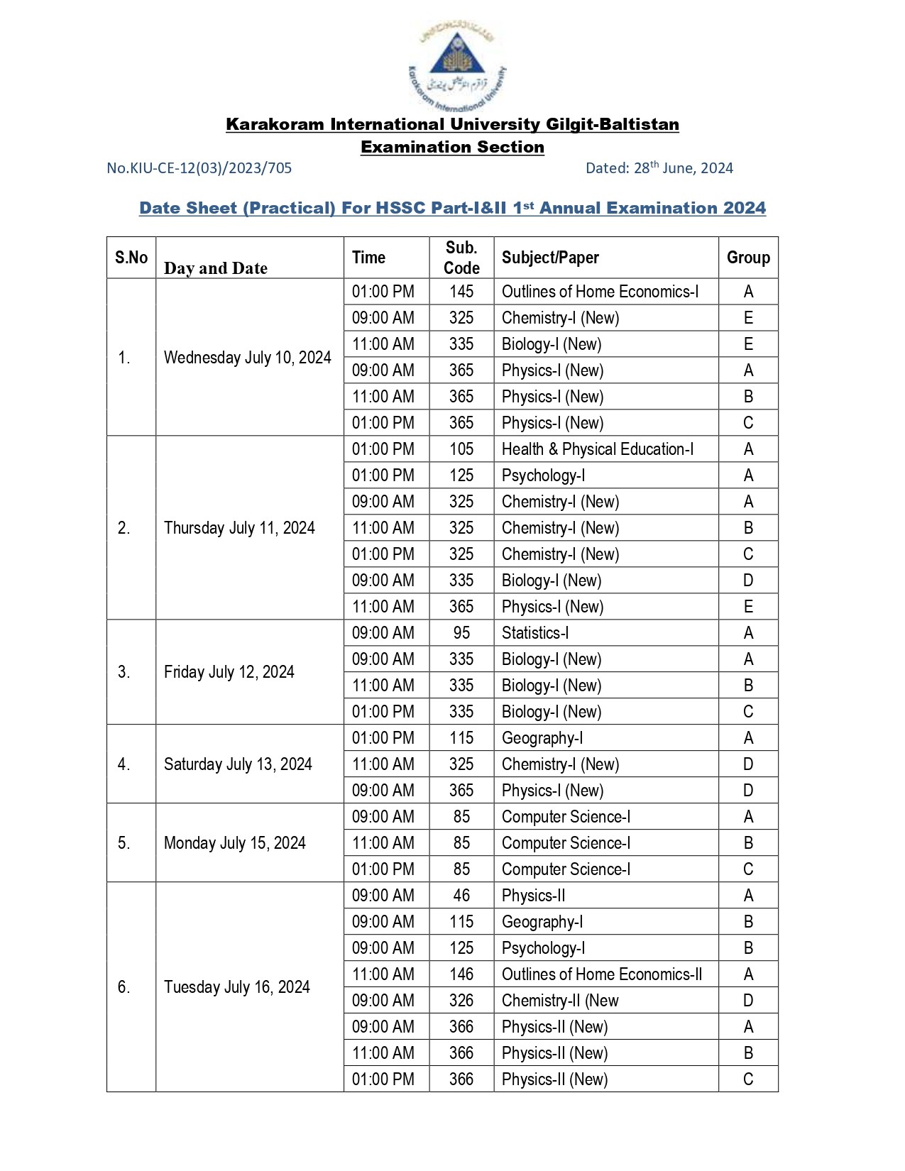 HSSC Practical Date sheet First Annual 2024 Page 1