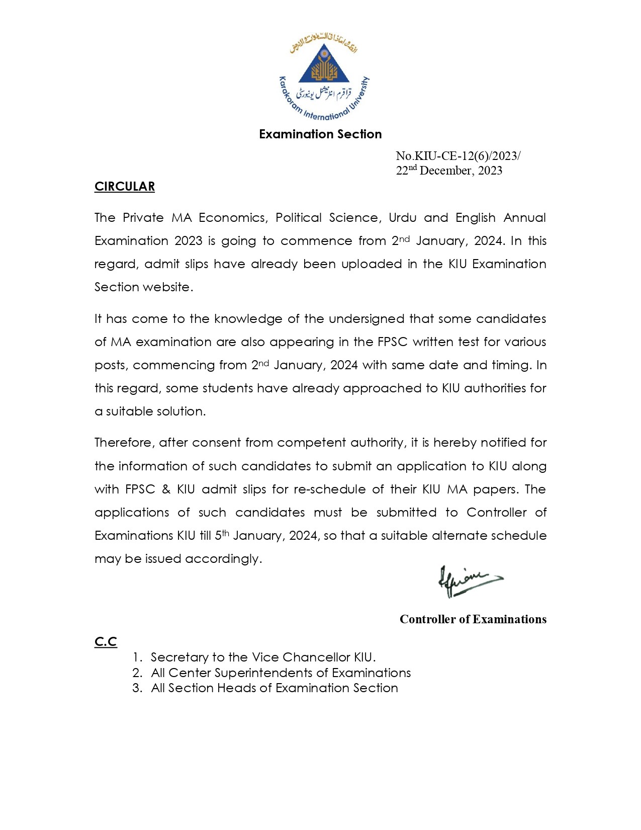 FPSC KIU MA Papers clash