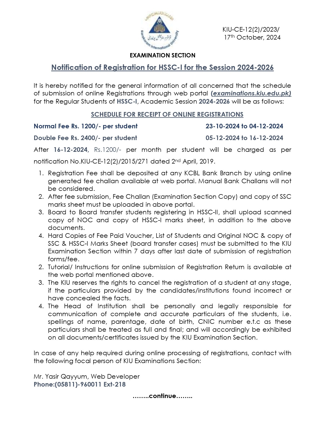 Notification of Registration for HSSC-I for the Session 2024-2026 Page 1