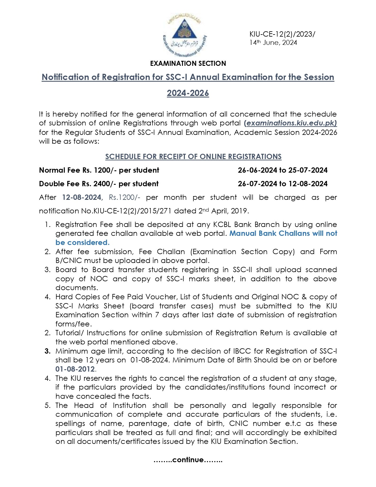 Notification of Registration for SSC-I Annual Examination for the Session 2024-2026 Page-1