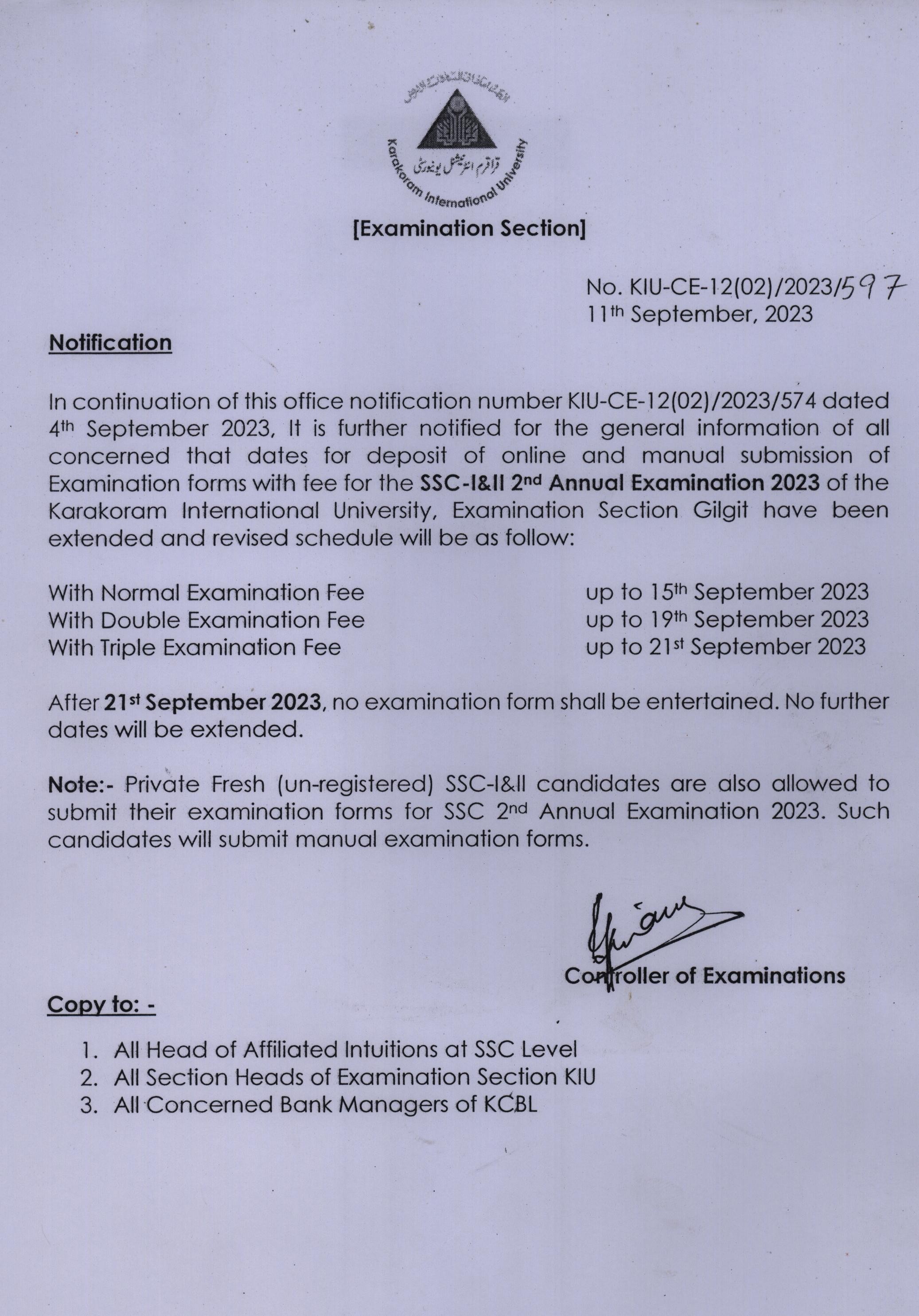 	SSC Second Annual Examination Exam Form/Fee extension